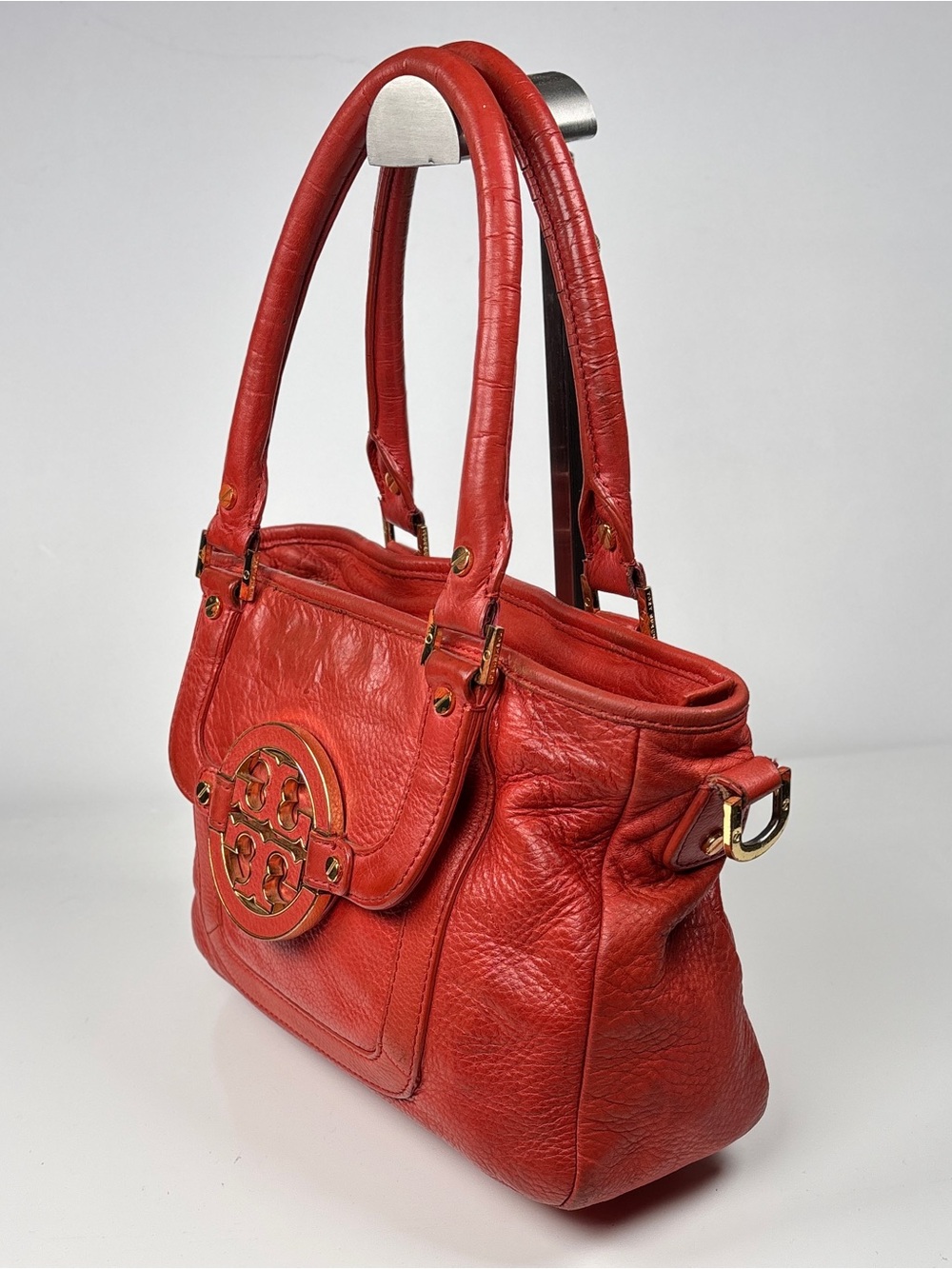 Tory burch Red Orange Amanda - Leather Shoulder Tote Bag with Gold Accents. - Picture 6 of 13